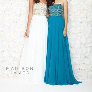 Madison James Teal Jeweled Prom Dress